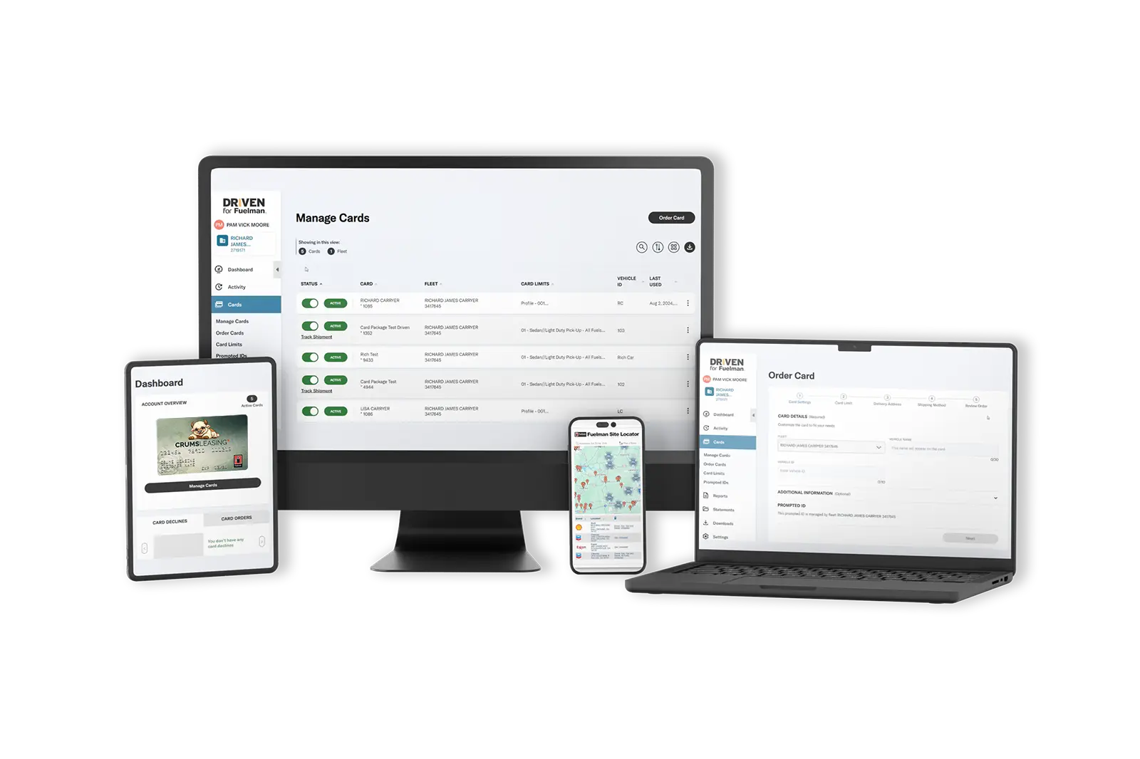 Driven fleet management app on desktop, tablet, and phone